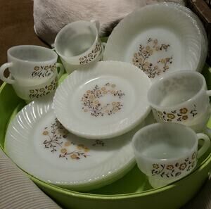 Vintage Termocrisa Milk Glass Brown Gold Harvest Flowers Mex Retro Dishes Set